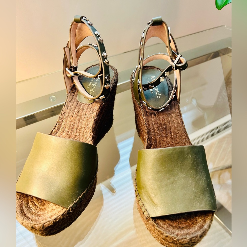 Kate Spade olive green leather, ankle-wrap espadrilles. Size 9. NWOT.
